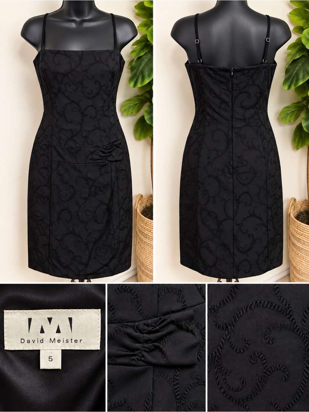 David Meister Black Embroidered Sheath Dress with Spaghetti Straps